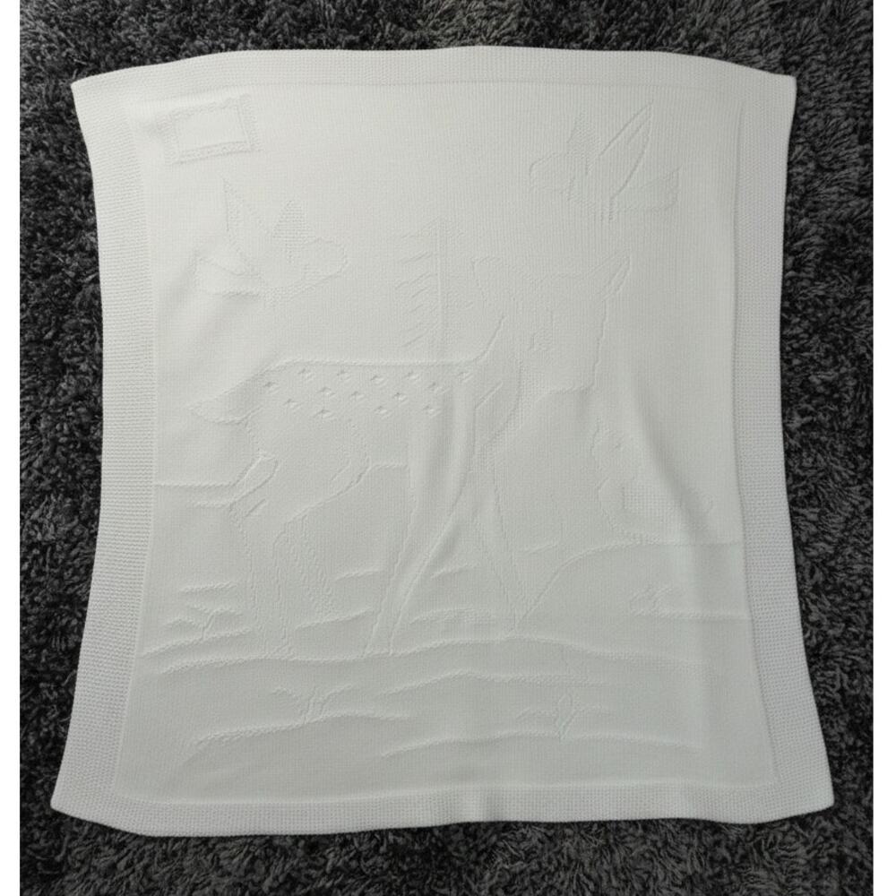 Vintage White Bambi Deer Bird Baby Knit Blanket 29" x 32"